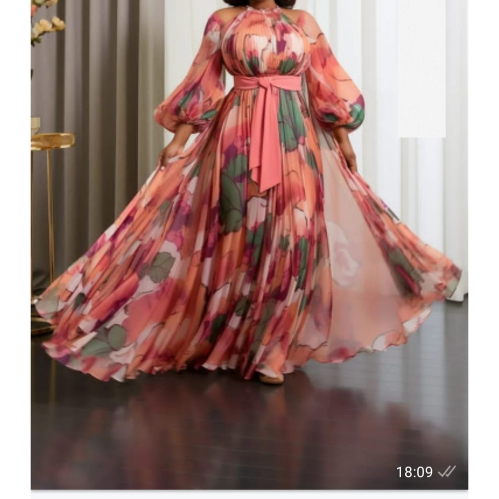 Elegant Floral Maxi Dress - Pink and Green